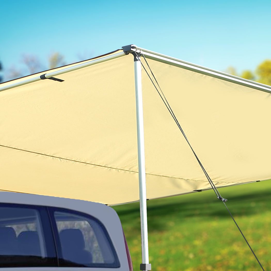 Mountview 2.5x3M Car Side Awning set up next to a vehicle, showcasing its waterproof and UV protected fabric with adjustable height legs.